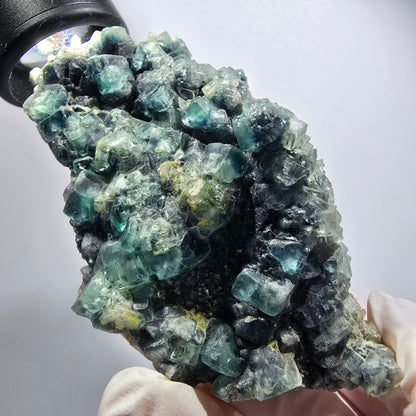 Rare cube de fluorite, vert-bleu, orthoclase, spécimen de quartz fumé, Erongo, Namibie, 87*54*52 mm #12184 