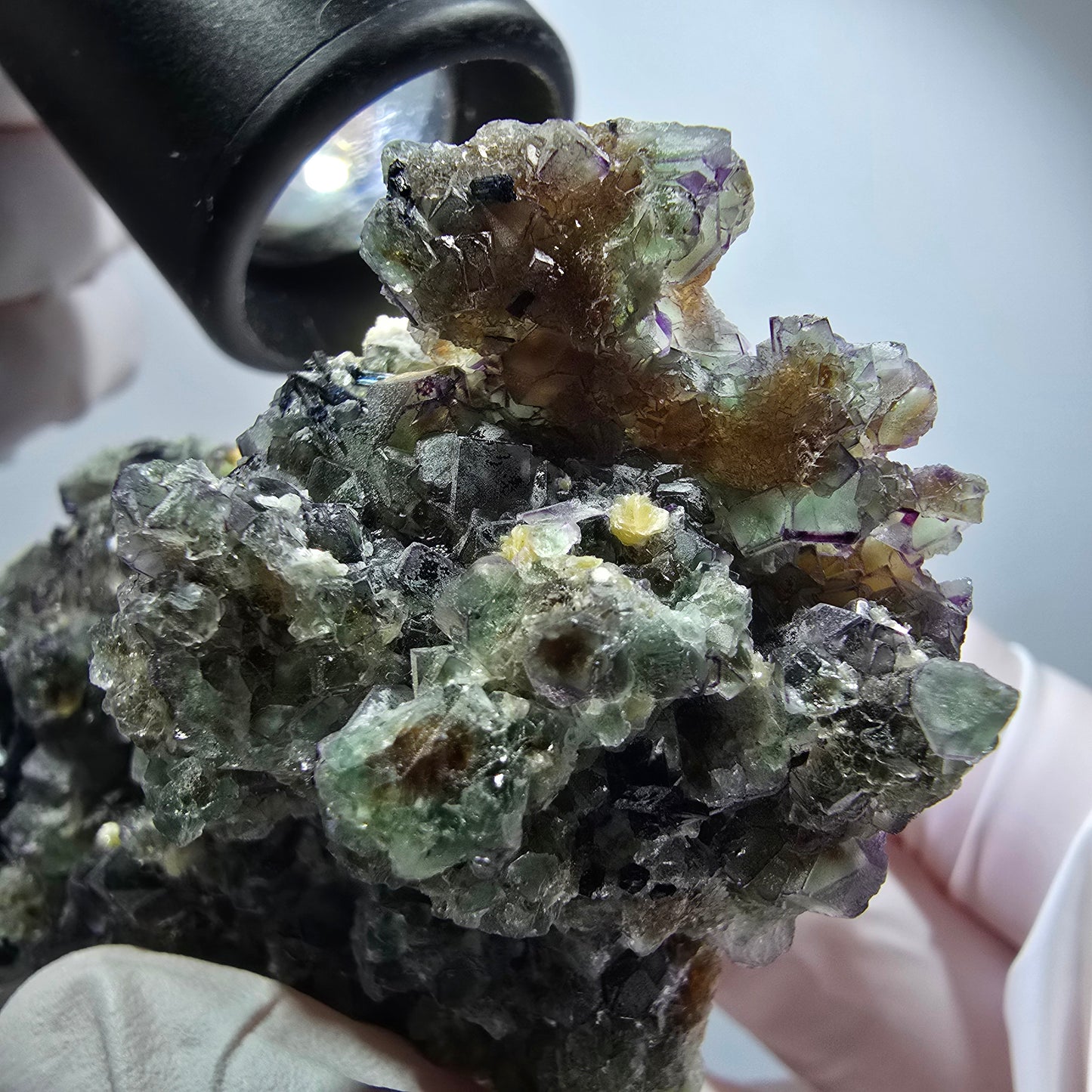 Phantom Fluorite, Schörl Tourmaline, Muscovite, Hyalite Stage Erongo, Namibia 67*49*35mm #12186 