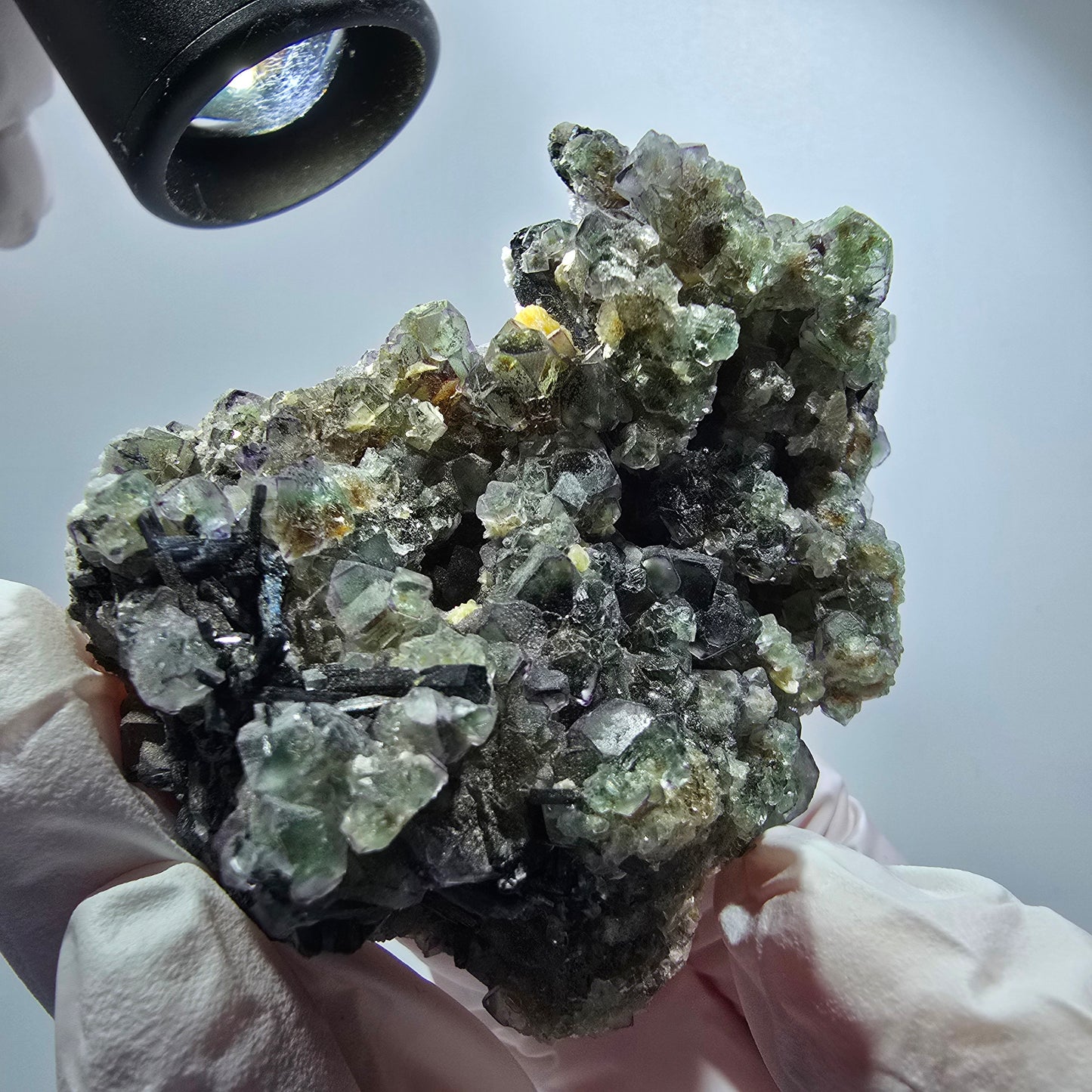 Phantom Fluorite, Schörl Tourmaline, Muscovite, Hyalite Stage Erongo, Namibia 67*49*35mm #12186 