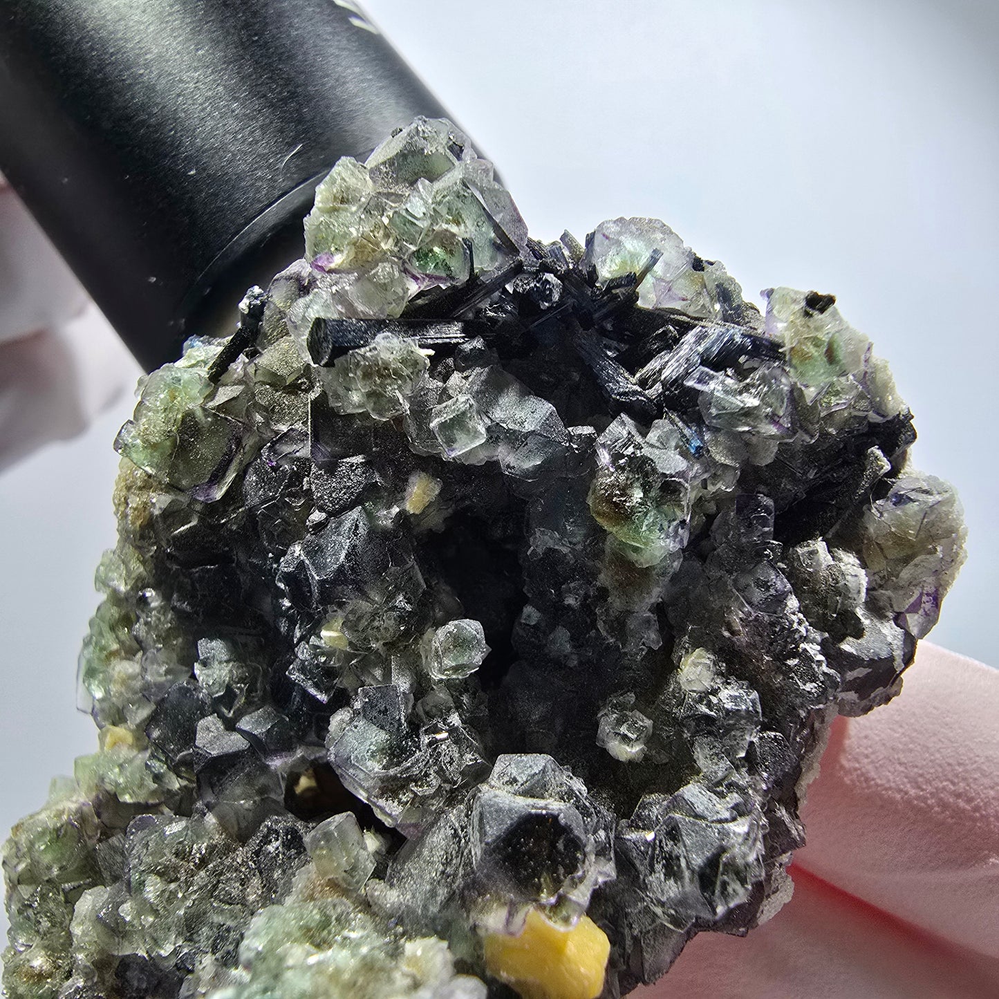 Phantom Fluorite, Schörl Tourmaline, Muscovite, Hyalite Stage Erongo, Namibia 67*49*35mm #12186 