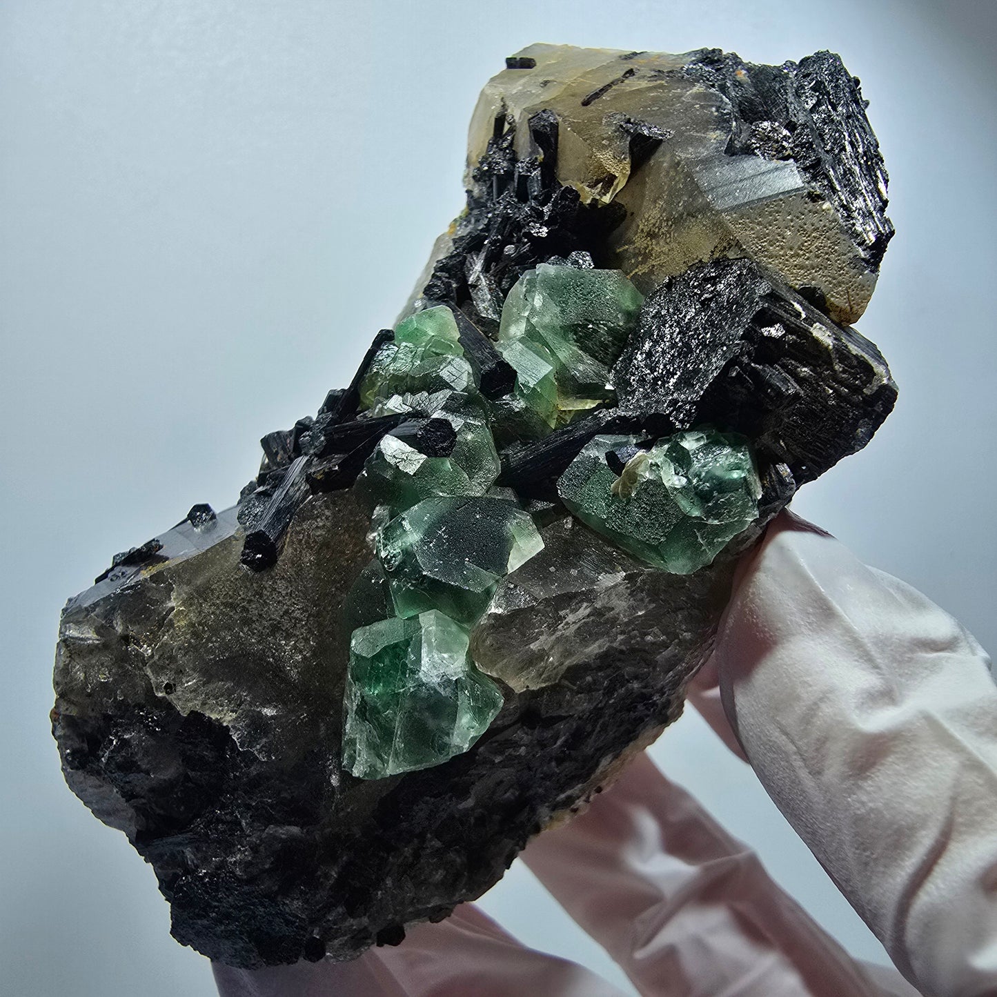 Phantom Fluorite, Schörl Tourmaline, Hyalite, Smoky Quartz, Muscovite Erongo, Namibia 89*54*48mm #12187 