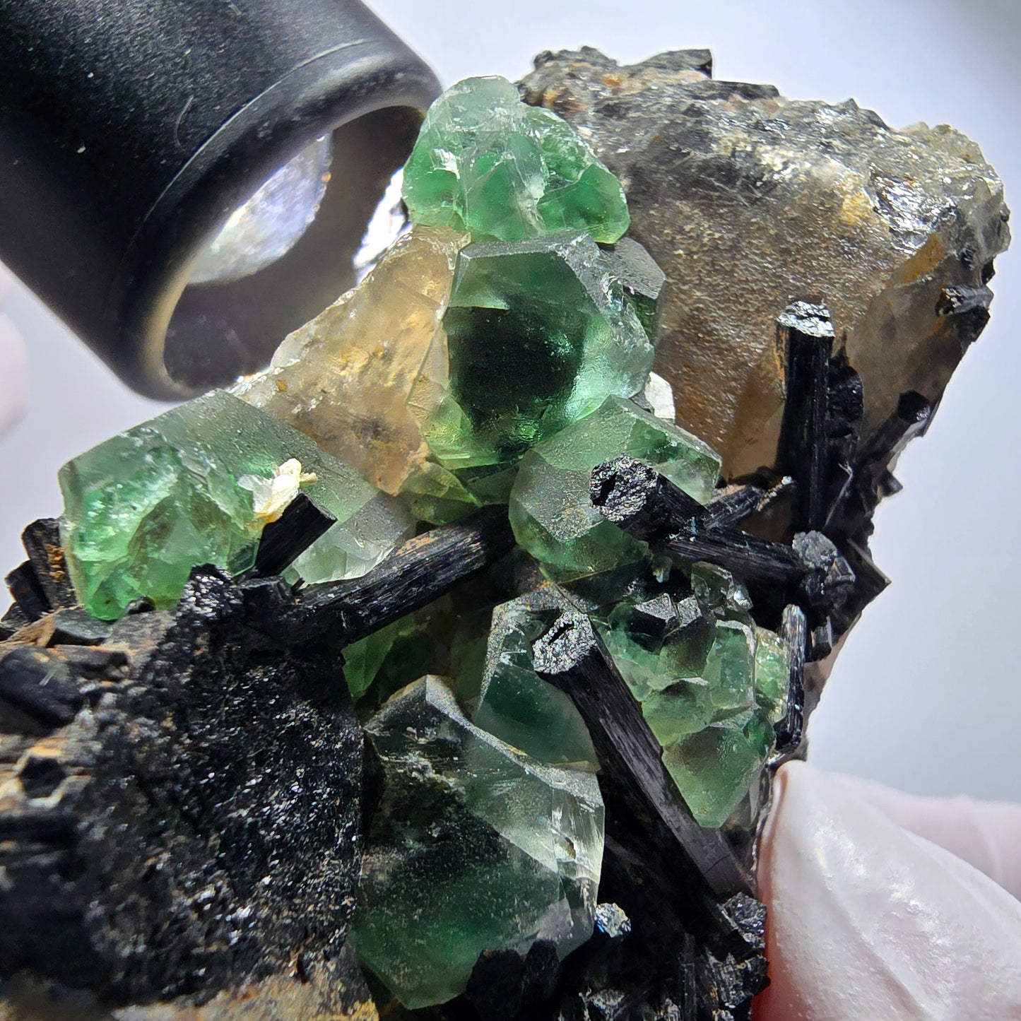 Phantom Fluorite, Schörl Tourmaline, Hyalite, Smoky Quartz, Muscovite Erongo, Namibia 89*54*48mm #12187 