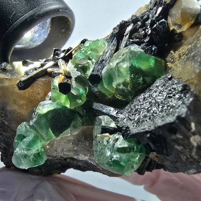 Phantom Fluorite, Schörl Tourmaline, Hyalite, Smoky Quartz, Muscovite Erongo, Namibia 89*54*48mm #12187 