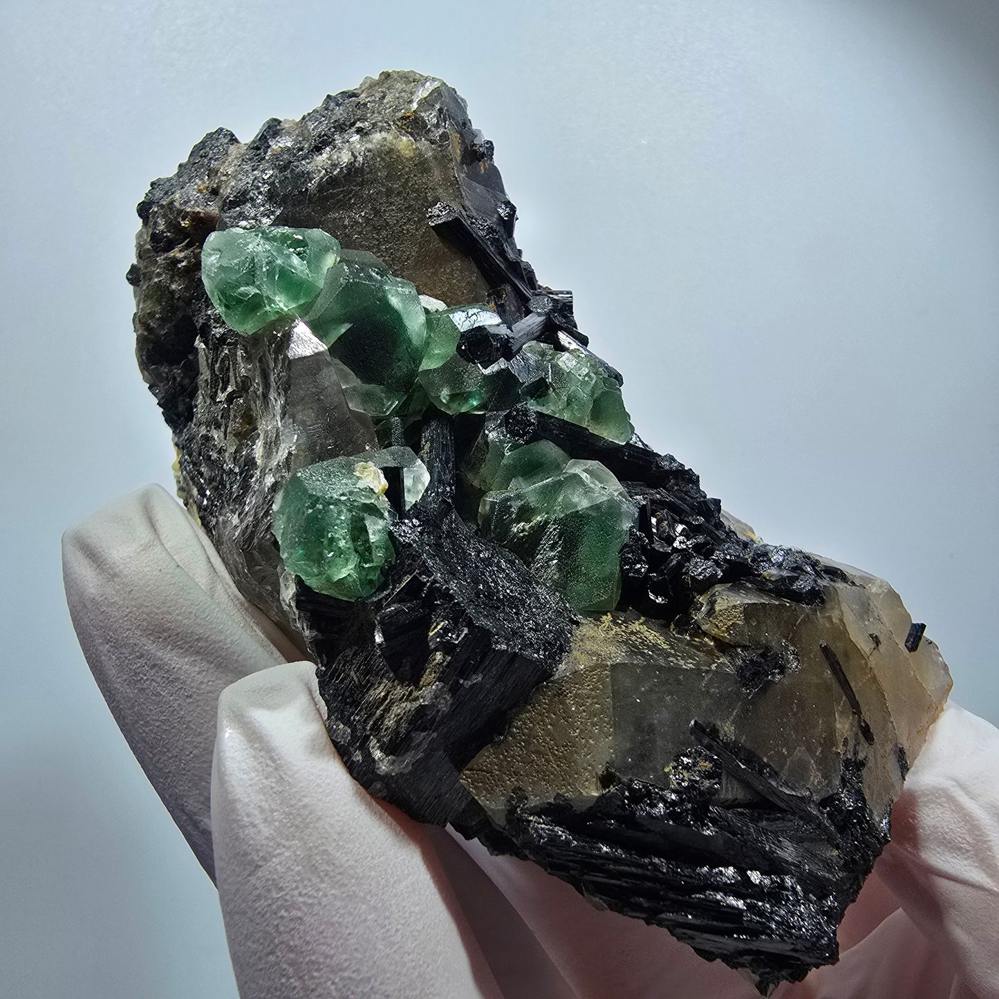 Phantom Fluorite, Schörl Tourmaline, Hyalite, Smoky Quartz, Muscovite Erongo, Namibia 89*54*48mm #12187 