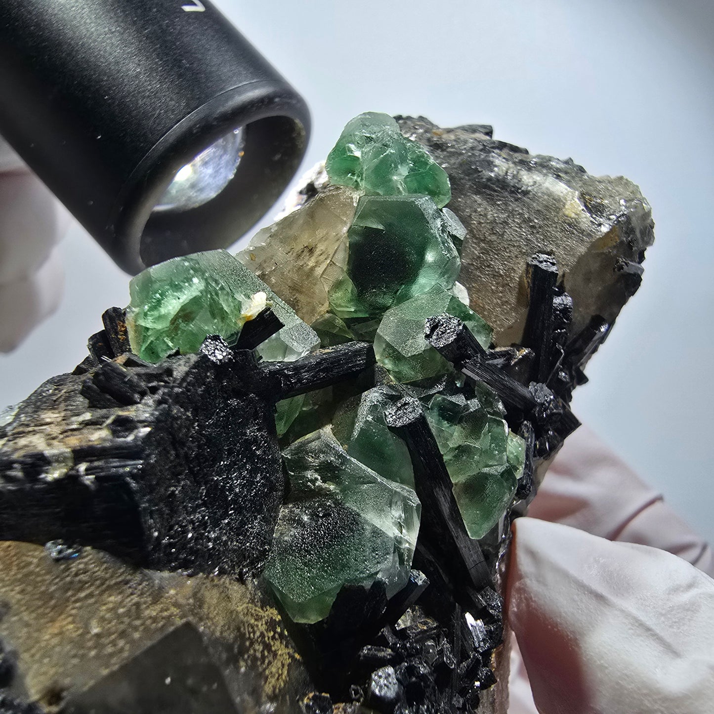 Phantom Fluorite, Schörl Tourmaline, Hyalite, Smoky Quartz, Muscovite Erongo, Namibia 89*54*48mm #12187 