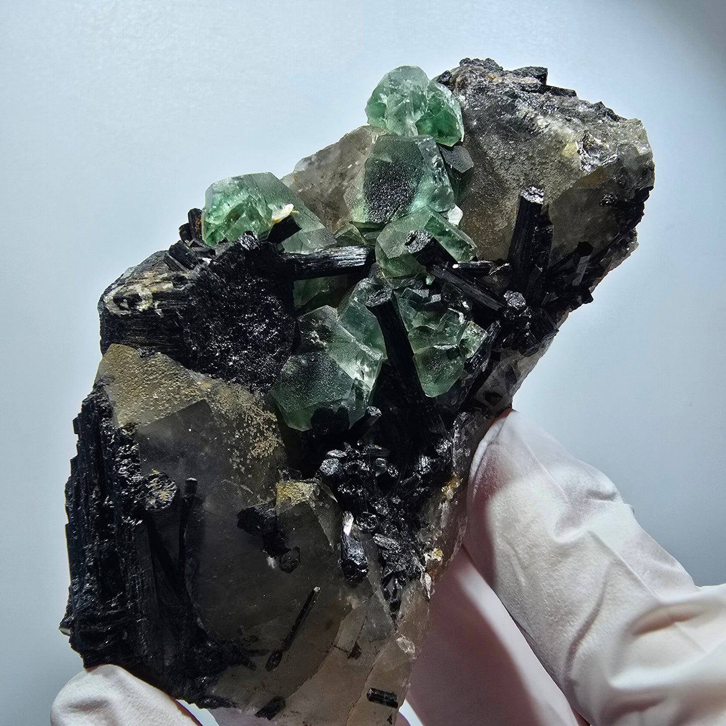 Phantom Fluorite, Schörl Tourmaline, Hyalite, Smoky Quartz, Muscovite Erongo, Namibia 89*54*48mm #12187 