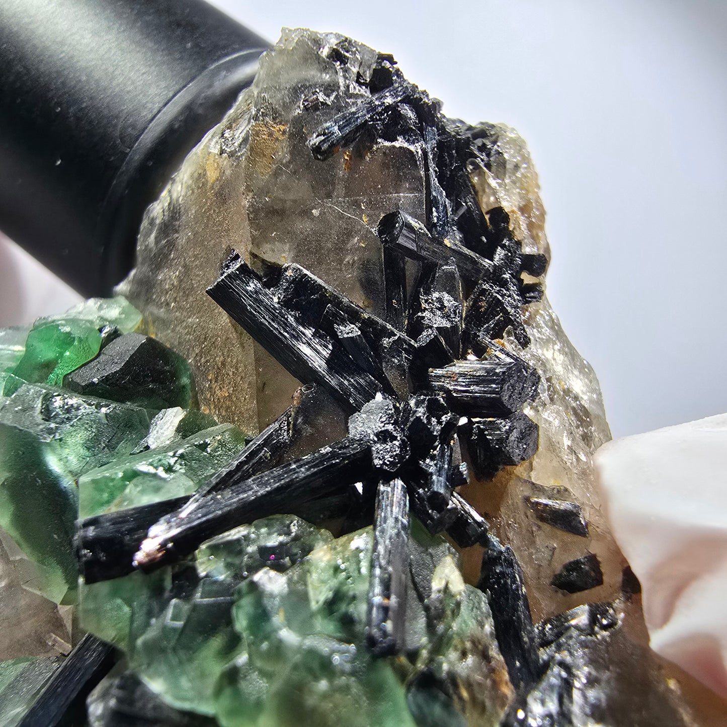 Phantom Fluorite, Schörl Tourmaline, Hyalite, Smoky Quartz, Muscovite Erongo, Namibia 89*54*48mm #12187 