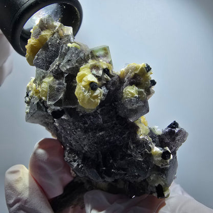Spécimen de fluorite fantôme colorée, tourmaline schorl, muscovite, hyalite, Erongo, Namibie 78*52*48mm #12188 
