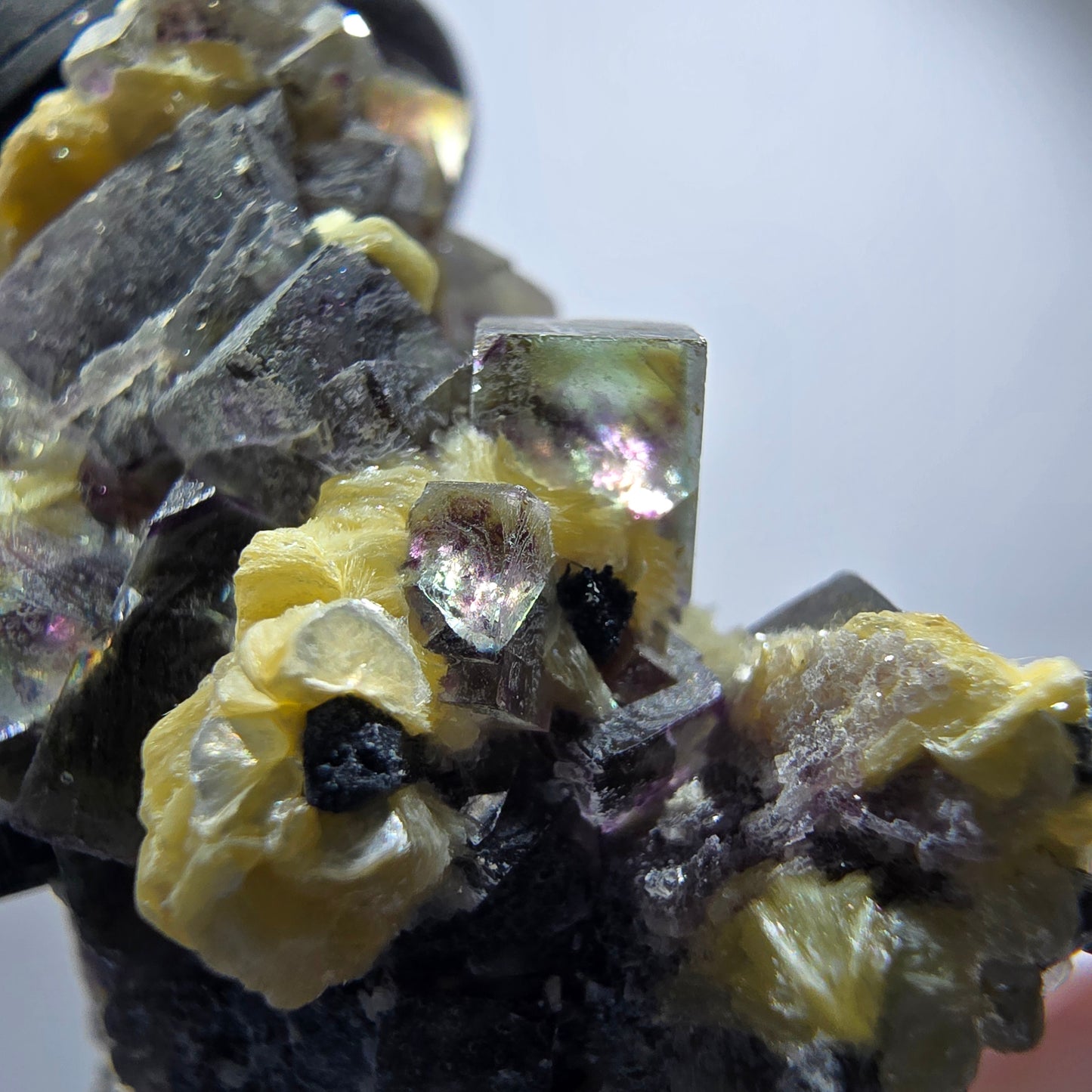 Spécimen de fluorite fantôme colorée, tourmaline schorl, muscovite, hyalite, Erongo, Namibie 78*52*48mm #12188 