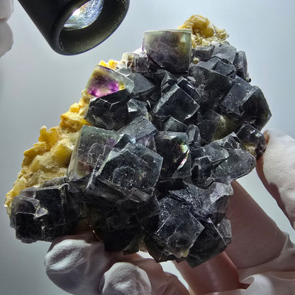 Spécimen de fluorite fantôme colorée, tourmaline schorl, muscovite, hyalite, Erongo, Namibie 86*60*37mm #12192 