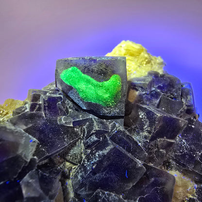 Spécimen de fluorite fantôme colorée, tourmaline schorl, muscovite, hyalite, Erongo, Namibie 86*60*37mm #12192 