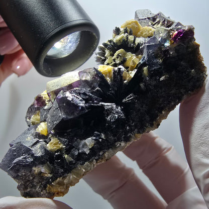 Spécimen de fluorite fantôme colorée, tourmaline schorl, muscovite, hyalite, Erongo, Namibie 79*49*39mm #12193 