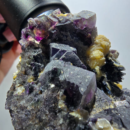 Spécimen de fluorite fantôme colorée, tourmaline schorl, muscovite, hyalite, Erongo, Namibie 79*49*39mm #12193 