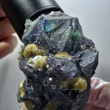 Bunte Phantom Fluorit, Schörl Turmalin, Muskovit, Hyalit Stufe Erongo, Namibia 74*45*30mm #12198