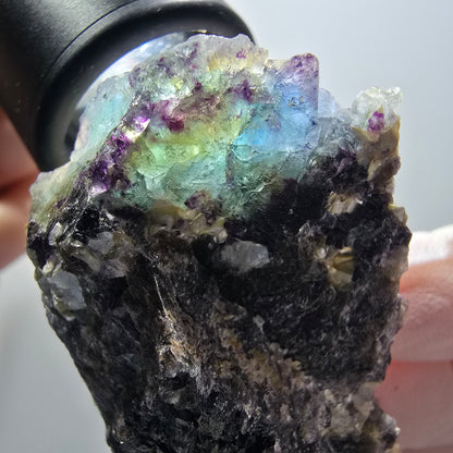 Bunte Phantom Fluorit, Schörl Turmalin, Muskovit, Hyalit Stufe Erongo, Namibia 74*45*30mm #12198