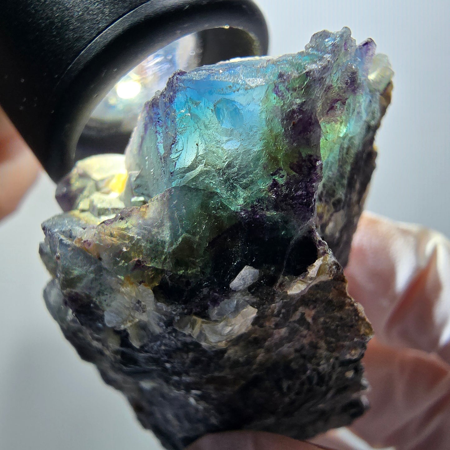 Bunte Phantom Fluorit, Schörl Turmalin, Muskovit, Hyalit Stufe Erongo, Namibia 74*45*30mm #12198