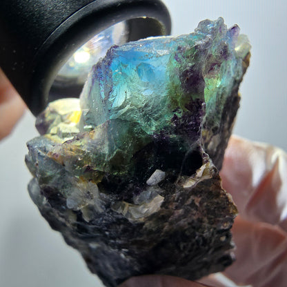 Bunte Phantom Fluorit, Schörl Turmalin, Muskovit, Hyalit Stufe Erongo, Namibia 74*45*30mm #12198