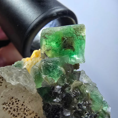 Spécimen rare de fluorite fantôme, muscovite et quartz fumé, Erongo, Namibie, 44*39*14 mm #12256 