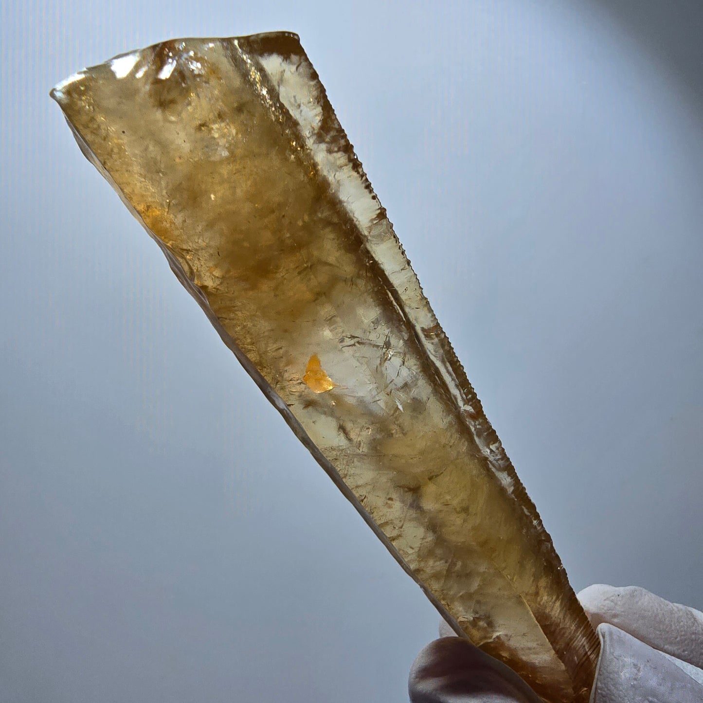 Cristal de calcite miel naturel XL, jaune orangé, Erongo, Namibie 94*25*18mm #12293 