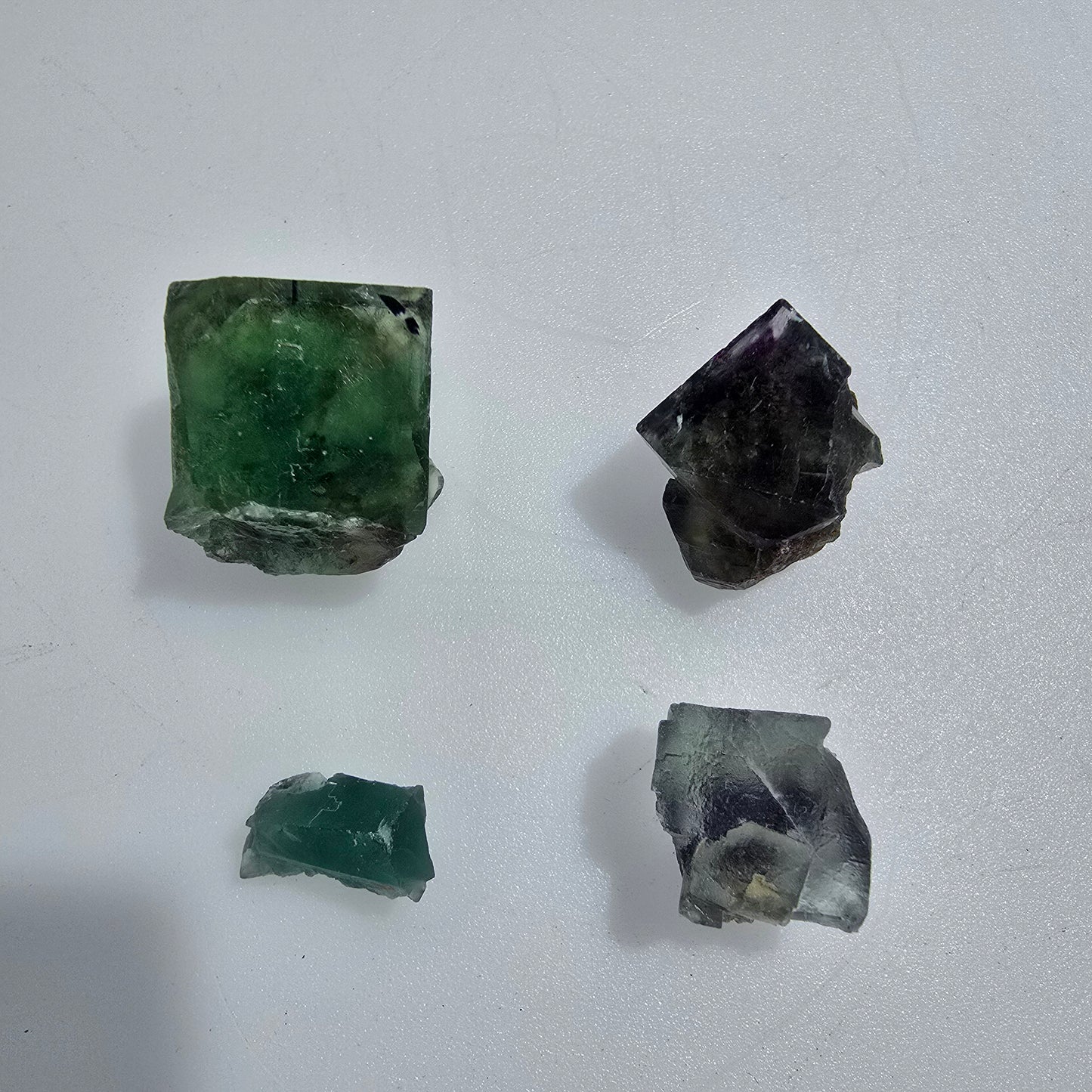Lot of 4 Phantom Fluorite Cubes, green-purple, Okorusu, Namibia, 13-18mm #12297 