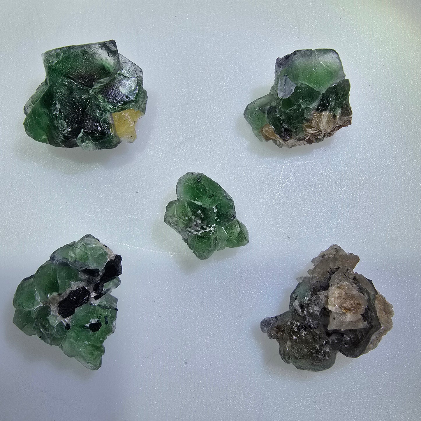 Lot de 5 pierres : fluorite fantôme, muscovite, tourmaline Schörl, hyalite, Erongo, Namibie, 14-19 mm, n° 12303 