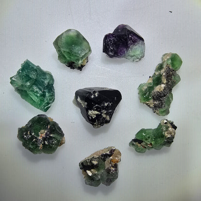 Lot of 8 Phantom Fluorite, Muscovite, Schörl Tourmaline Erongo, Namibia 12-24mm #12310 