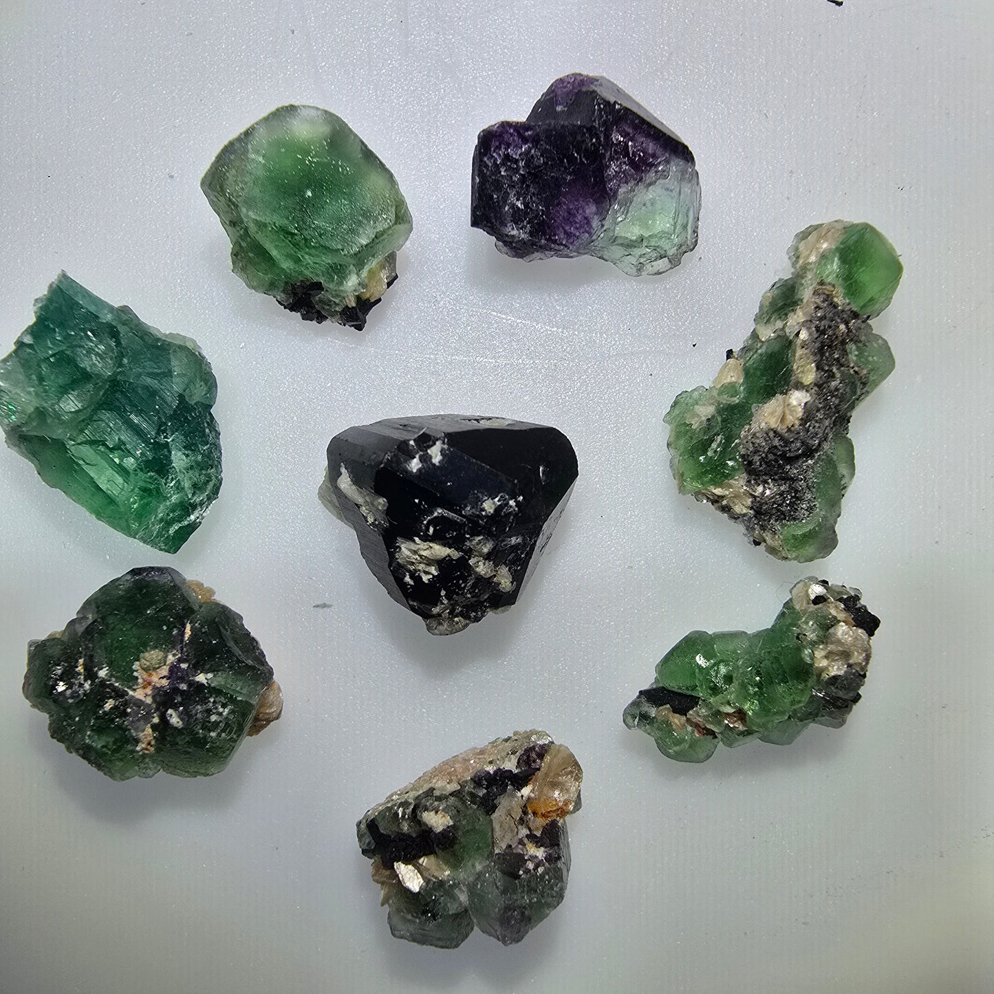 Lot of 8 Phantom Fluorite, Muscovite, Schörl Tourmaline Erongo, Namibia 12-24mm #12310 