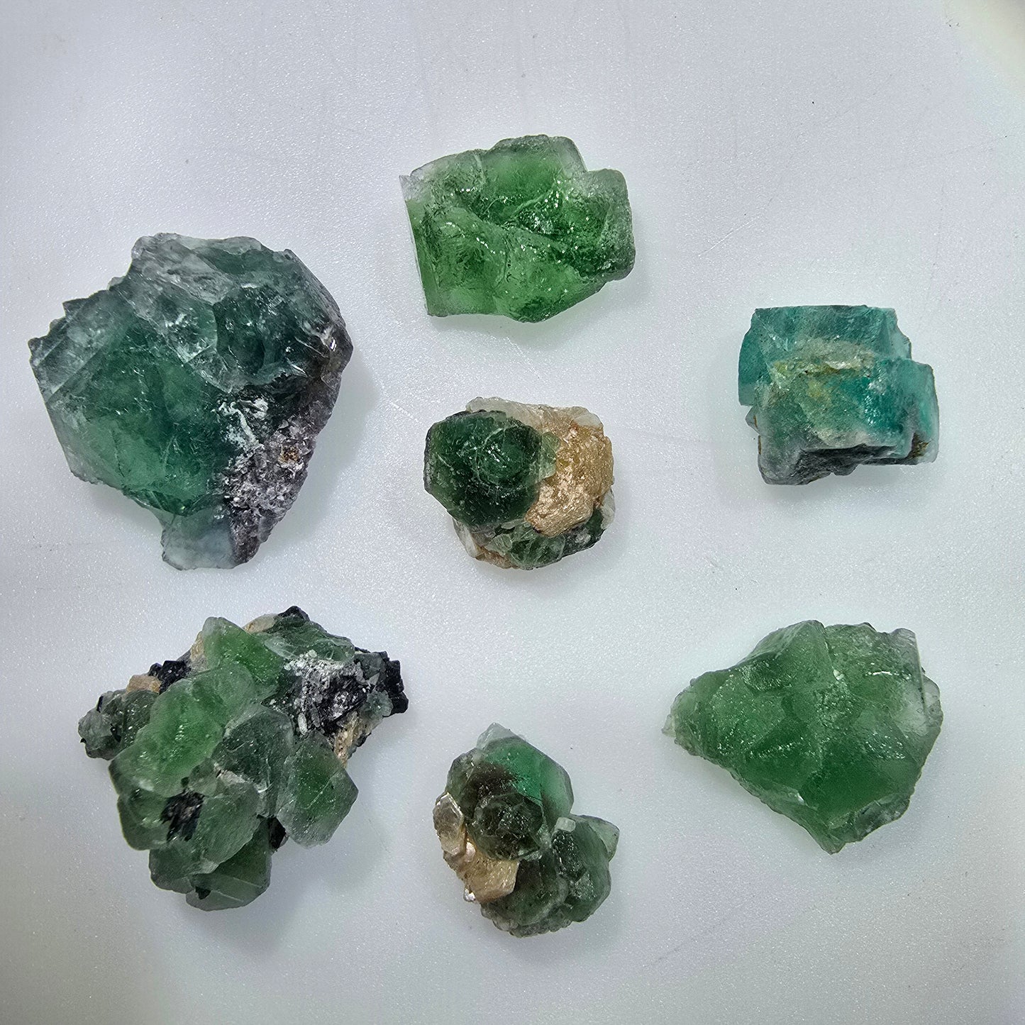 Lot of 7 Phantom Fluorite, Muscovite, Schörl Tourmaline Erongo, Namibia 15-27mm #12318 