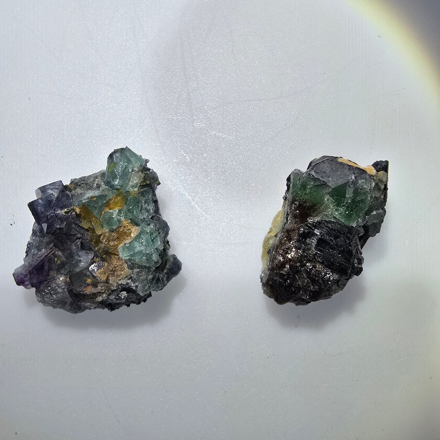 Lot de 2 pierres : Fluorite fantôme, Muscovite, Tourmaline Schörl, Erongo, Namibie, 27-29 mm, n° 12319 