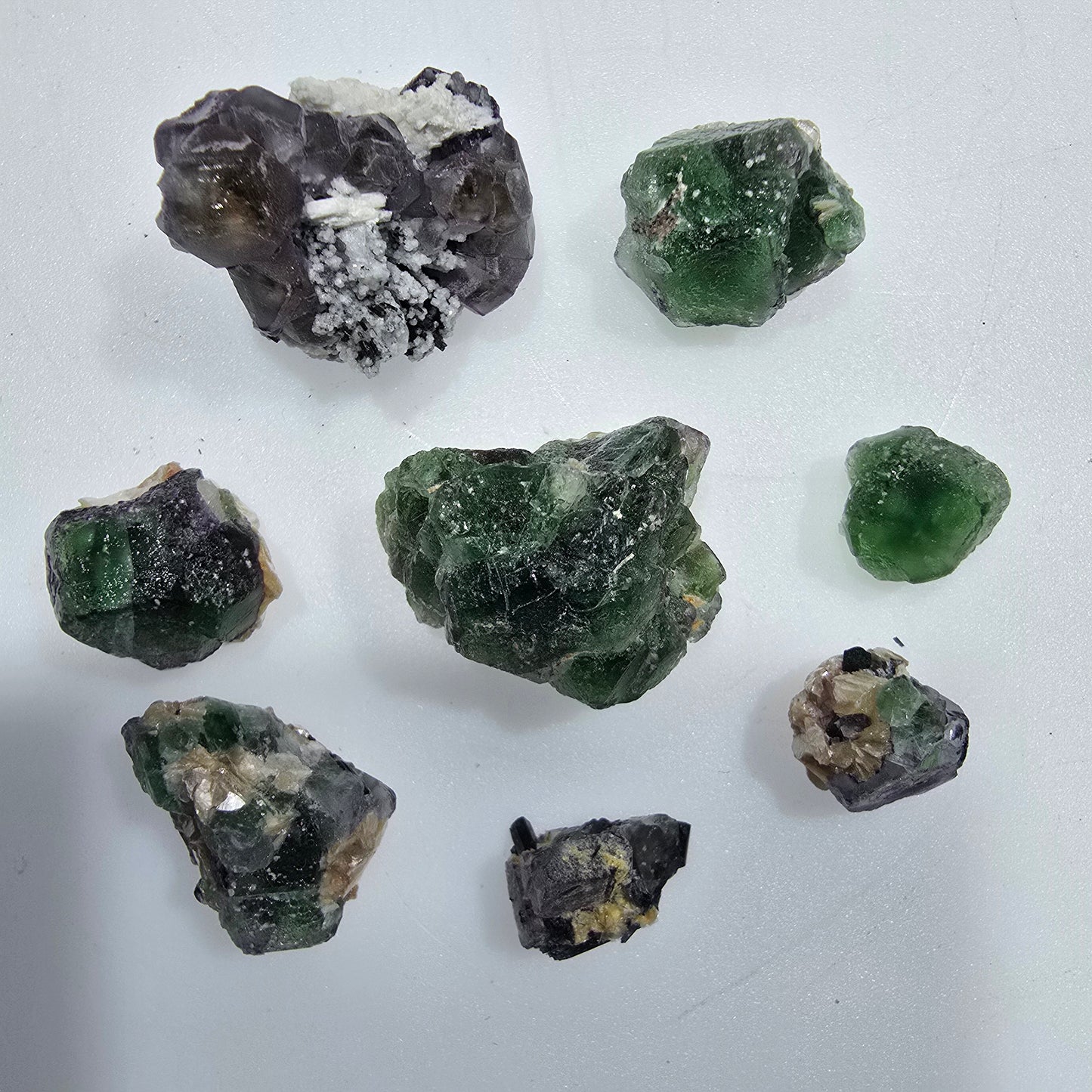Lot of 8 Phantom Fluorite, Muscovite, Schörl Tourmaline Erongo, Namibia 12-28mm #12322 