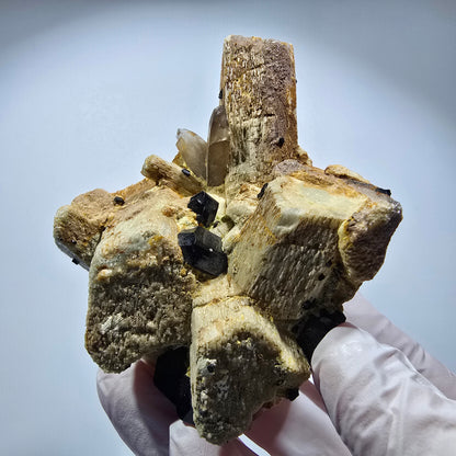 Große Schörl Turmalin, Rauchquarz, Hyalit Opal, Orthoklas Stufe Erongo, Namibia 90*84*33mm #12358