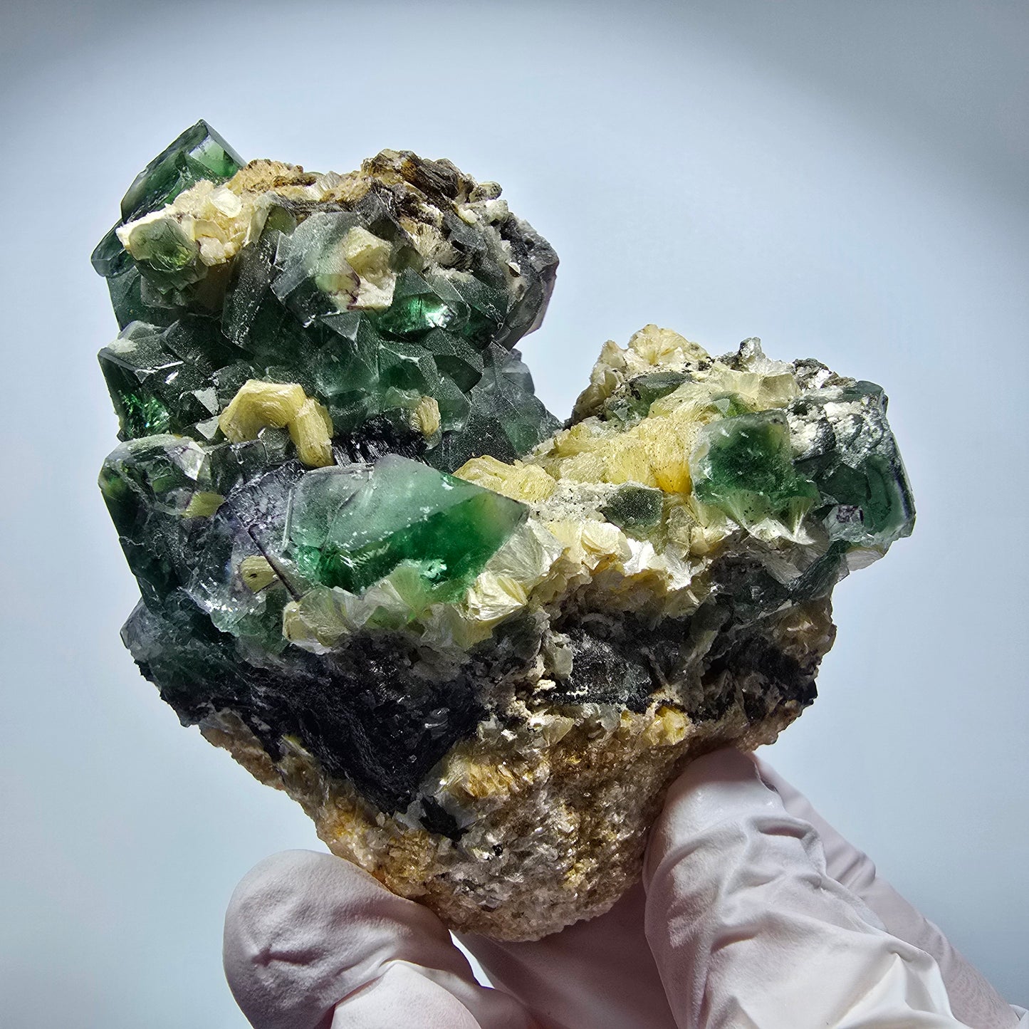Grand fluorite fantôme, tourmaline schorl, muscovite sur matrice, Erongo Namibie 86*59*50mm #12359