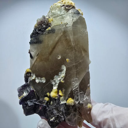 Bunte Fluorit, Rauchquarz, Schörl Turmalin, Muskovit, Hyalit Erongo, Namibia 91*65*38mm #12360