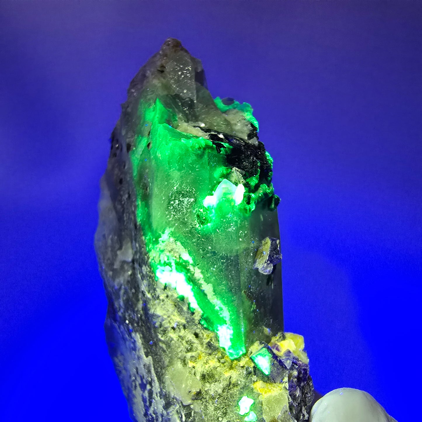 Bunte Fluorit, Rauchquarz, Schörl Turmalin, Muskovit, Hyalit Erongo, Namibia 91*65*38mm #12360
