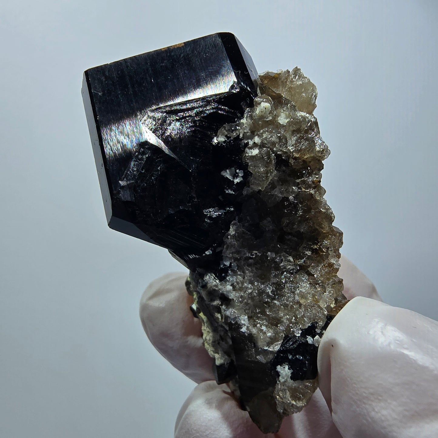 Symmetrische Schörl Turmalin, Hyalit Opal, Rauchquarz Stufe Erongo, Namibia 52*30*27mm #12453