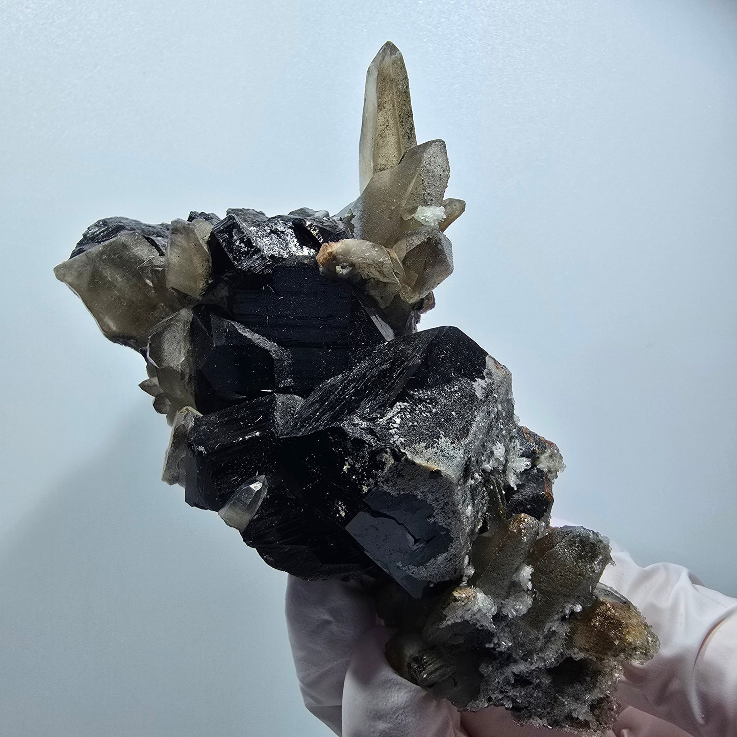 Symmetrische Schörl Turmalin, Hyalit Opal, Rauchquarz Stufe Erongo, Namibia 100*72*65mm #12471