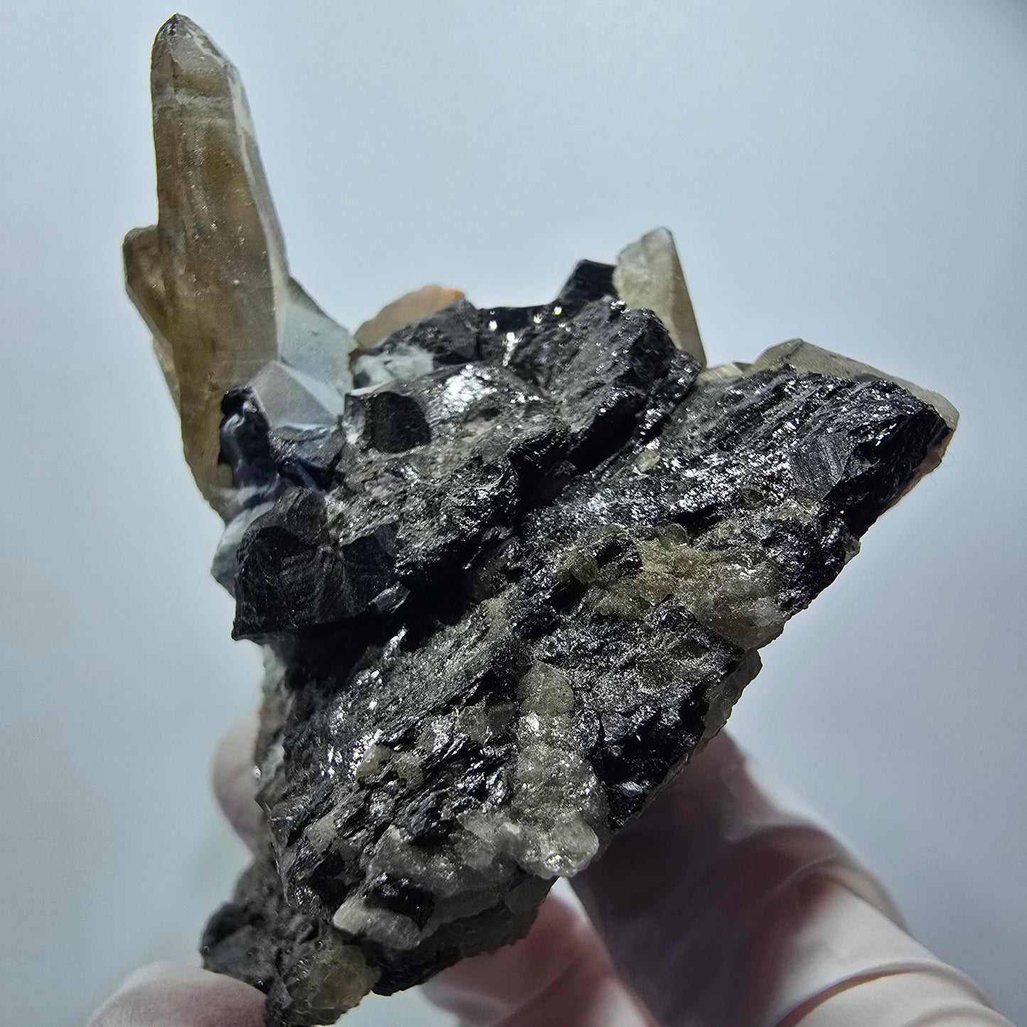 Symmetrische Schörl Turmalin, Hyalit Opal, Rauchquarz Stufe Erongo, Namibia 100*72*65mm #12471
