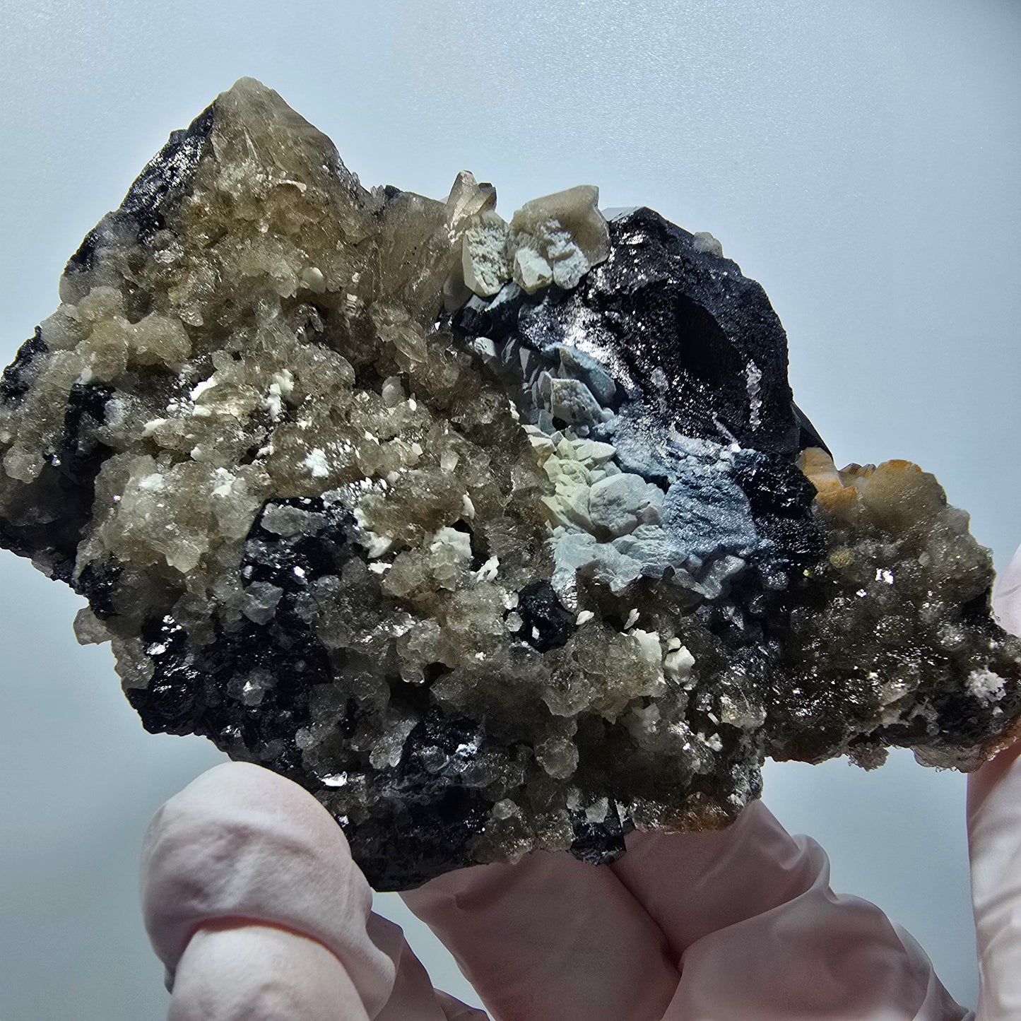 Symmetrische Schörl Turmalin, Hyalit Opal, Rauchquarz Stufe Erongo, Namibia 100*72*65mm #12471