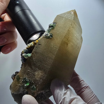 Quartz fumé XL, Fluorine, Tourmaline schorl, Opale hyalite, Muscovite Erongo Namibie 119*77*56mm #12547