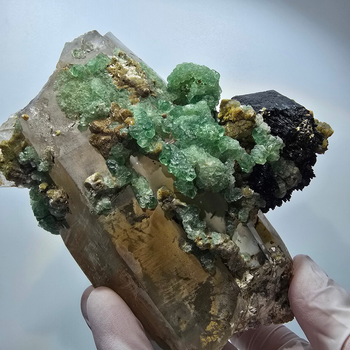 XL Quartz fumé, Fluorite, Tourmaline schorl, Muscovite, Erongo, Namibie 128*109*93mm #12549