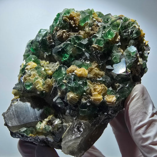 XL Fluorit, Rauchquarz, Hyalit Opal, Schörl Turmalin, Muskovit Erongo Namibia 117*95*87mm #12551