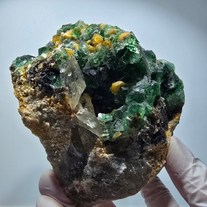 Grande fluorine, quartz fumé, opale hyalite, tourmaline schorl, muscovite Erongo Namibie 117*95*87mm #12551