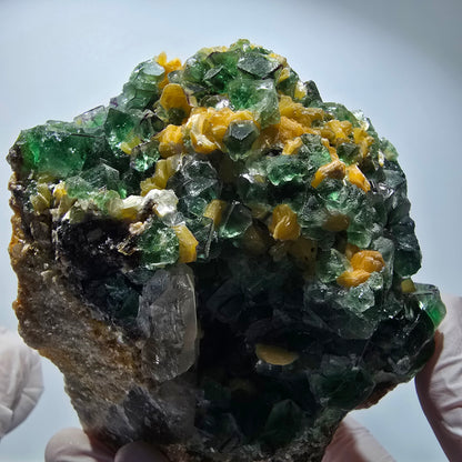 Grande fluorine, quartz fumé, opale hyalite, tourmaline schorl, muscovite Erongo Namibie 117*95*87mm #12551
