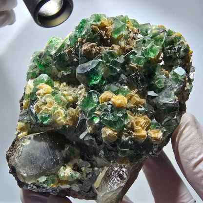 Grande fluorine, quartz fumé, opale hyalite, tourmaline schorl, muscovite Erongo Namibie 117*95*87mm #12551