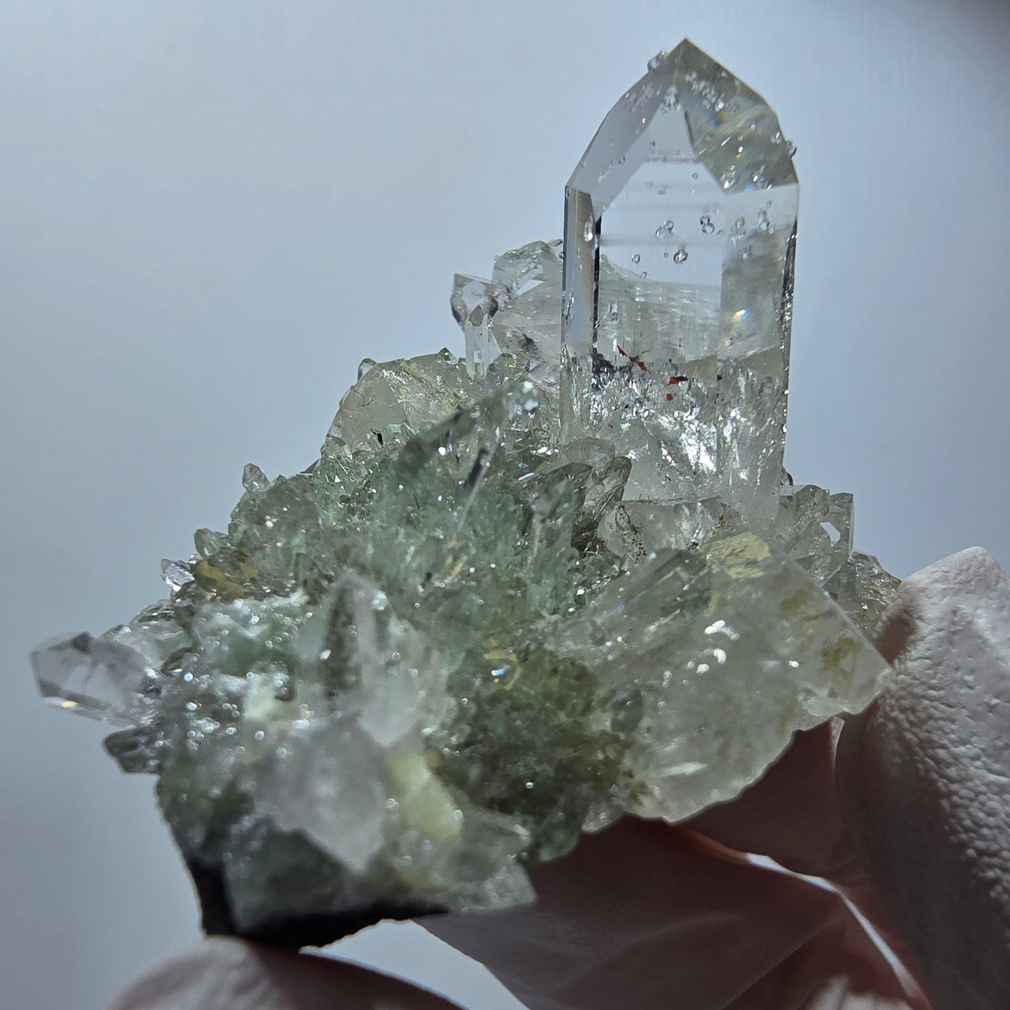 Starburst Harlequin Quartz, Analcime, Prehnite, Calcite Streep Mine Gobob., Namibia 60*41*37mm #12588
