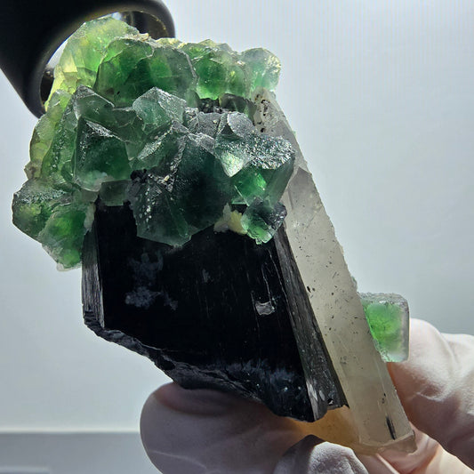 Phantom Fluorit, Schörl Turmalin, Rauchquarz, Hyalit, Muskovit Erongo, Namibia 74*63*40mm #12667