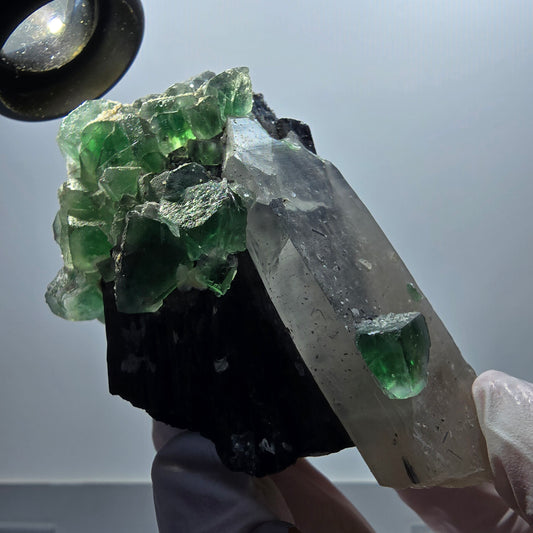 Phantom Fluorit, Schörl Turmalin, Rauchquarz, Hyalit, Muskovit Erongo, Namibia 74*63*40mm #12667
