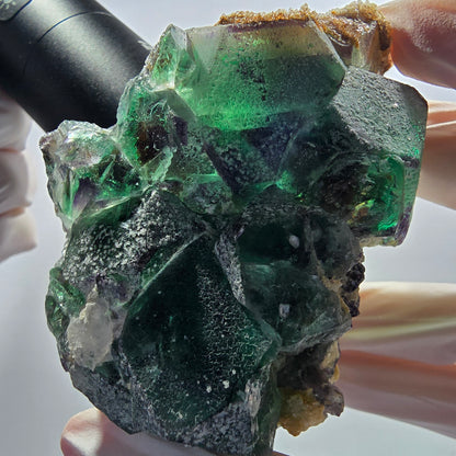 Fluorite fantôme, hexagonal, Muscovite, Opale hyalite Erongo, Namibie 74*49*57mm #12669