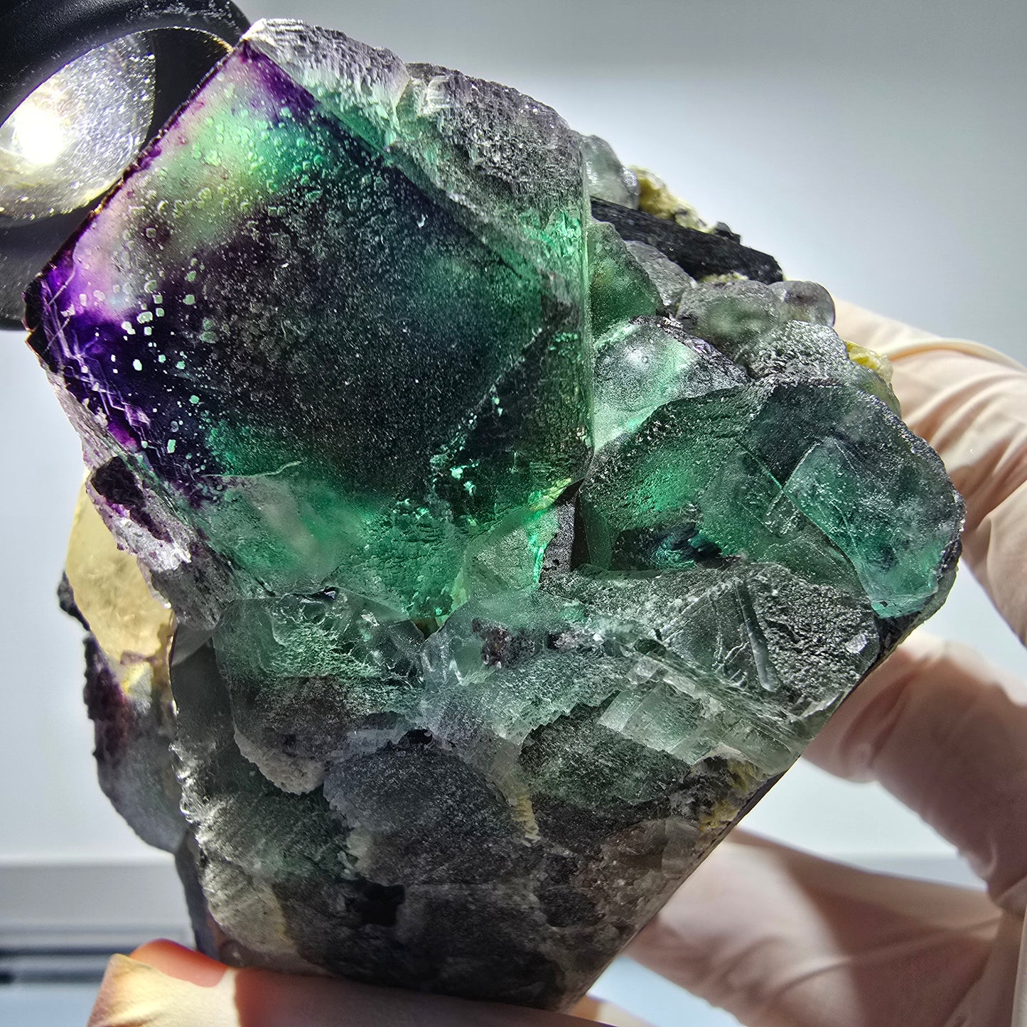 Große Fluorit, Rauchquarz, Schörl Turmalin, Hyalit, Muskovit Okorusu, Namibia 87*90*77mm #12679