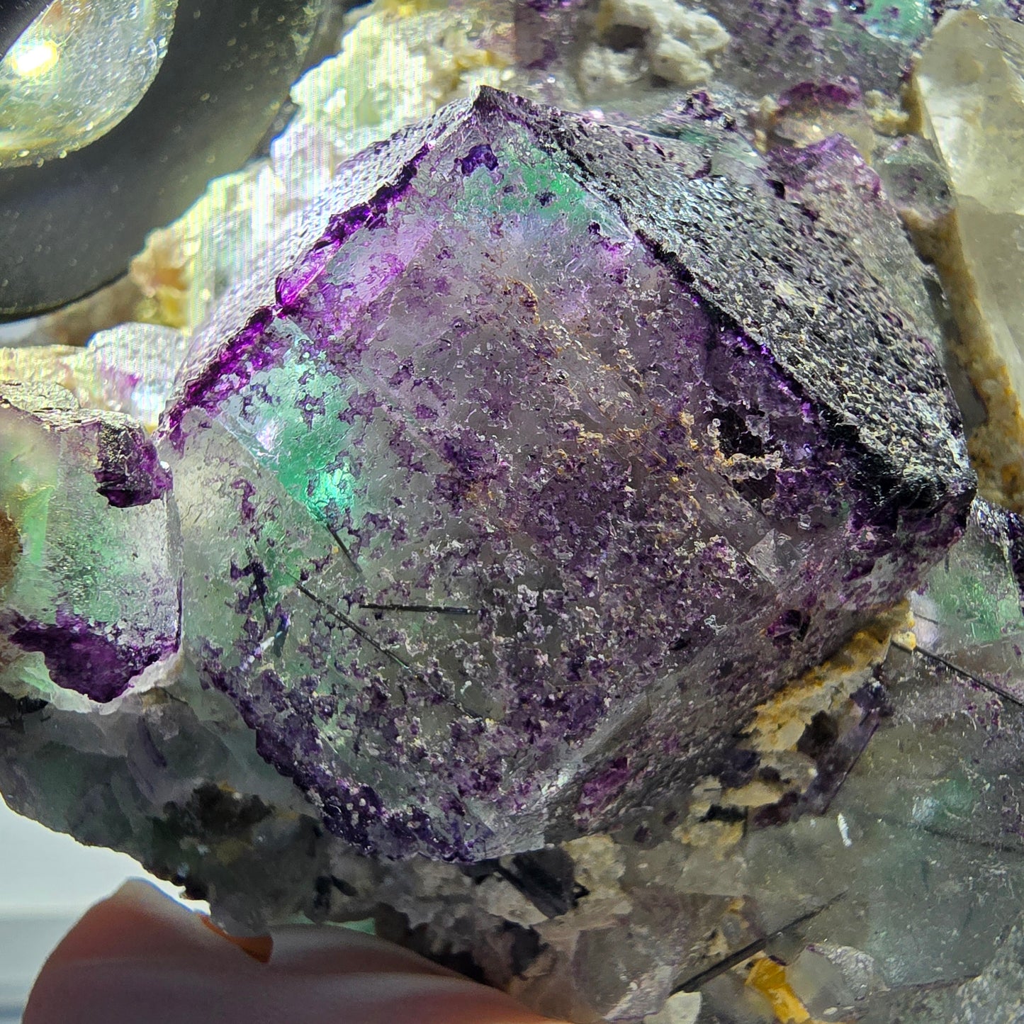 Große Fluorit, Rauchquarz, Schörl Turmalin, Hyalit, Muskovit Okorusu, Namibia 87*90*77mm #12679